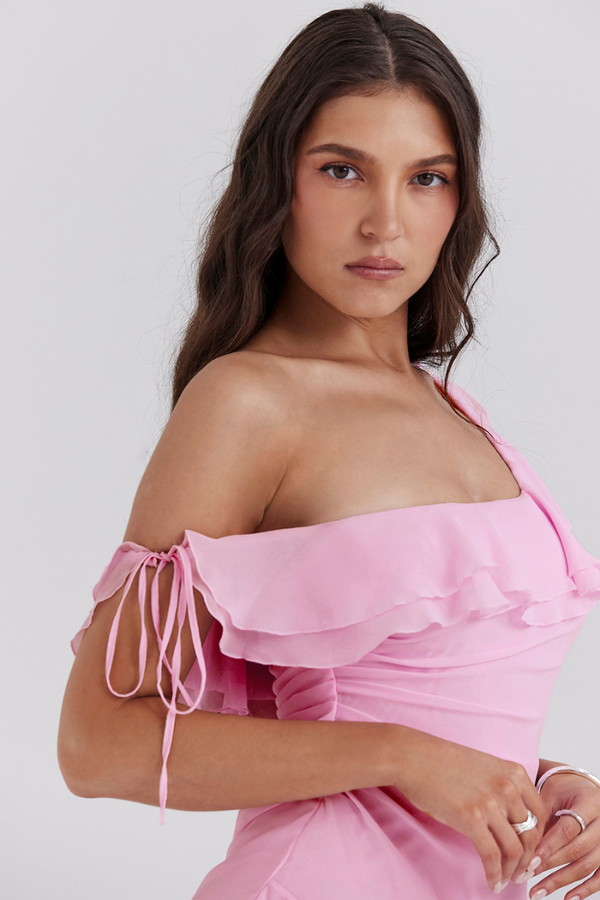 One-Shoulder Ruffle Tie Strap Side Ruched Lettuce Hem Tiered Mini Dress