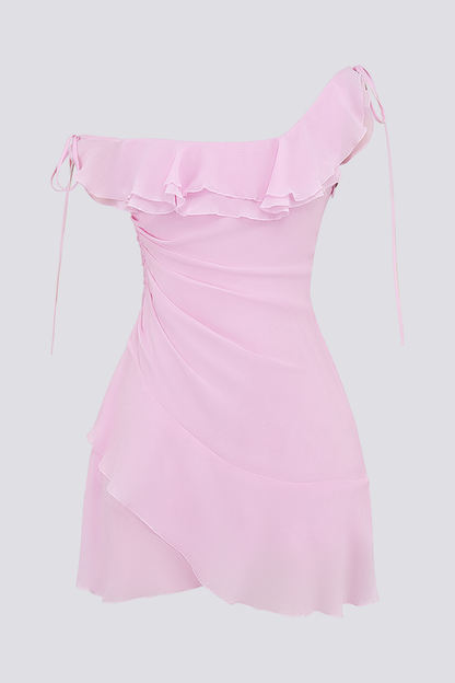 One-Shoulder Ruffle Tie-Strap Ruched Tiered Hem Mini Dress