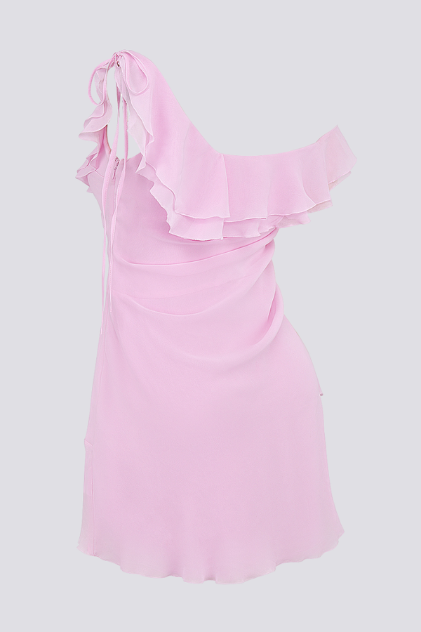 One-Shoulder Ruffle Tie Strap Side Ruched Lettuce Hem Tiered Mini Dress