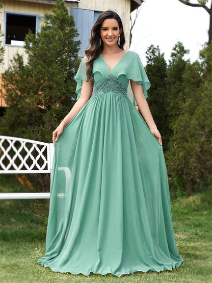 Applique Chiffon Green Evening Dress Slim Fit Flared Sleeves Bridesmaid Dress Cocktail