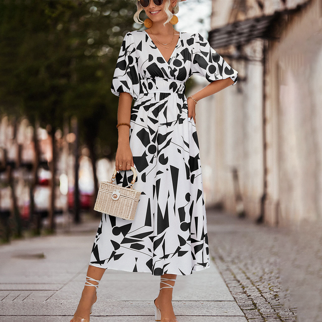 Deep V-Neck Puff Sleeve Smocked Waist Abstract Geometric Print Midi Dress