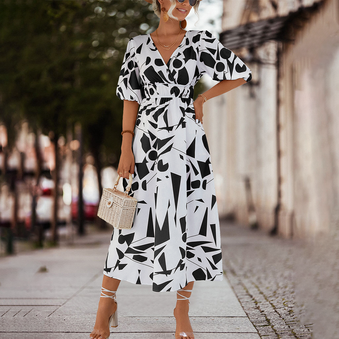 Deep V-Neck Puff Sleeve Smocked Waist Abstract Geometric Print Midi Dress