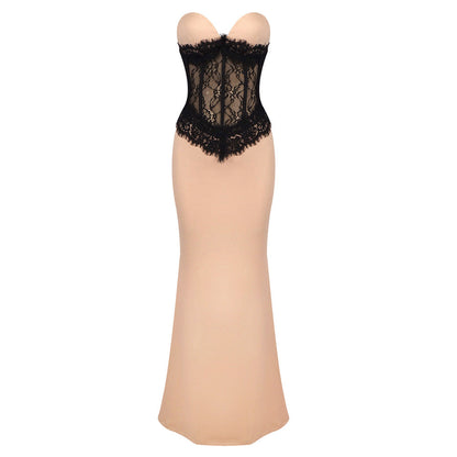 Apricot Lace Stretch Strapless Dress Slim Dress High Elastic Sheath Dress Dress