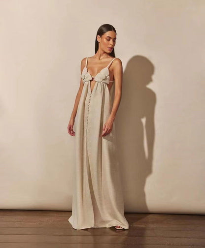 Apricot V neck with Shoulder Straps Loose Sleeveless Straight Vacation Dress