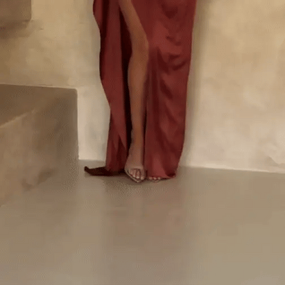 Satin One-Shoulder Ruched Thigh Slit Column Maxi Gown