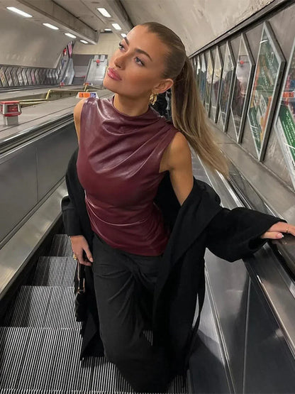 | Asymmetrical Hemline Faux Leather Top