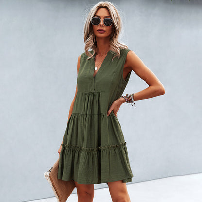 Notched V-Neck Tiered Ruffle Babydoll Mini Dress