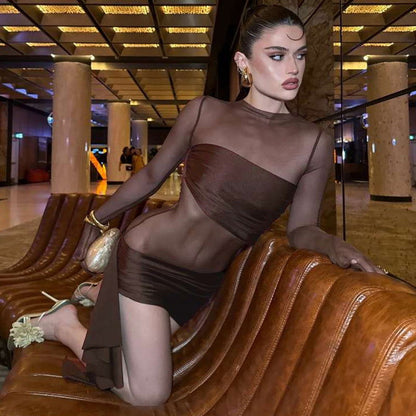 Arrival  Mesh Hollow Out Cutout Pleated round Neck Slim Fit Long Sleeved Dress