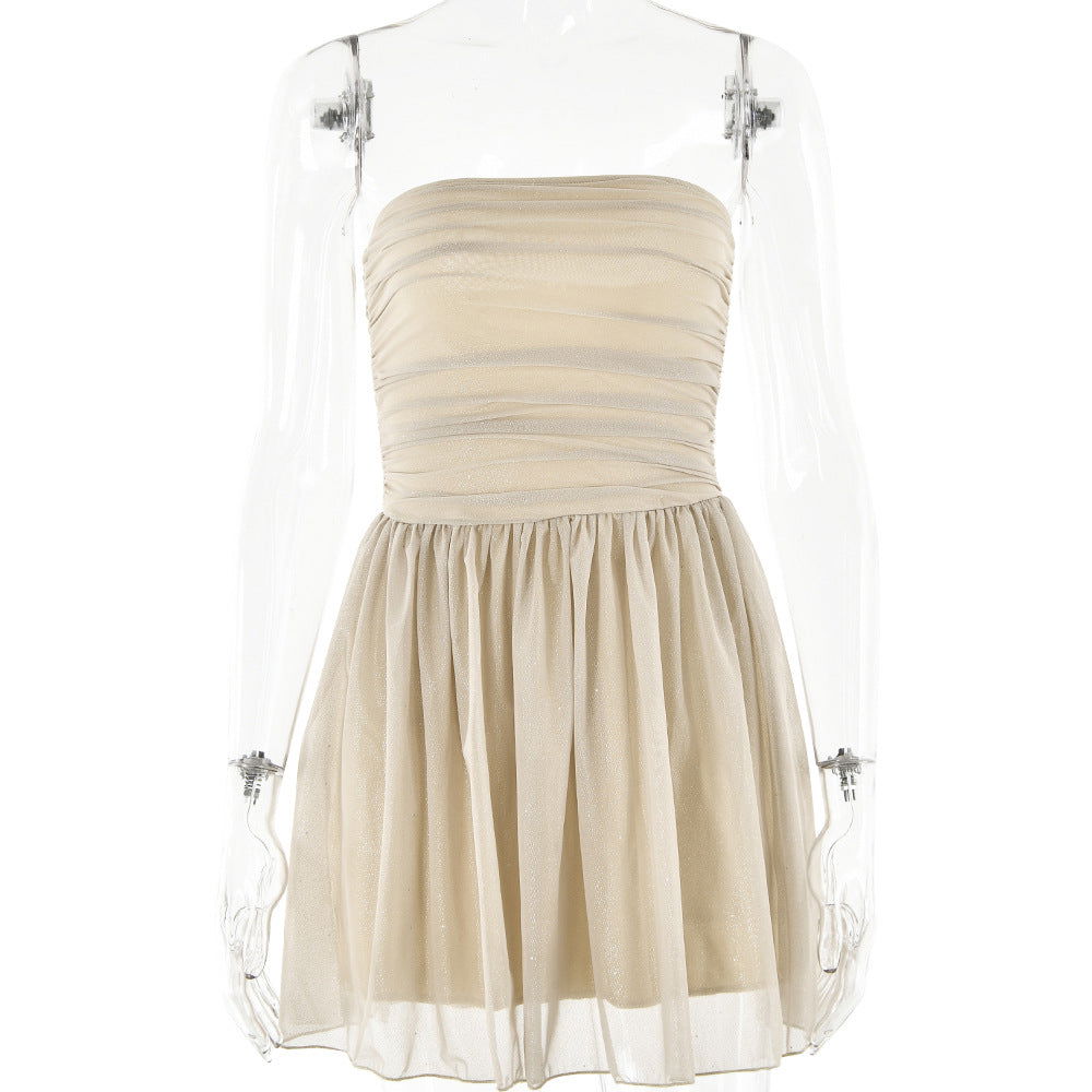 Arrival Dress Trend Mesh Stitching off Neck Tube Top Backless Short Dress for