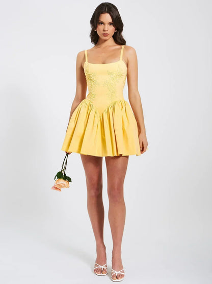 Square Neck Floral Embroidered Spaghetti Strap Fit-and-Flare Mini Dress