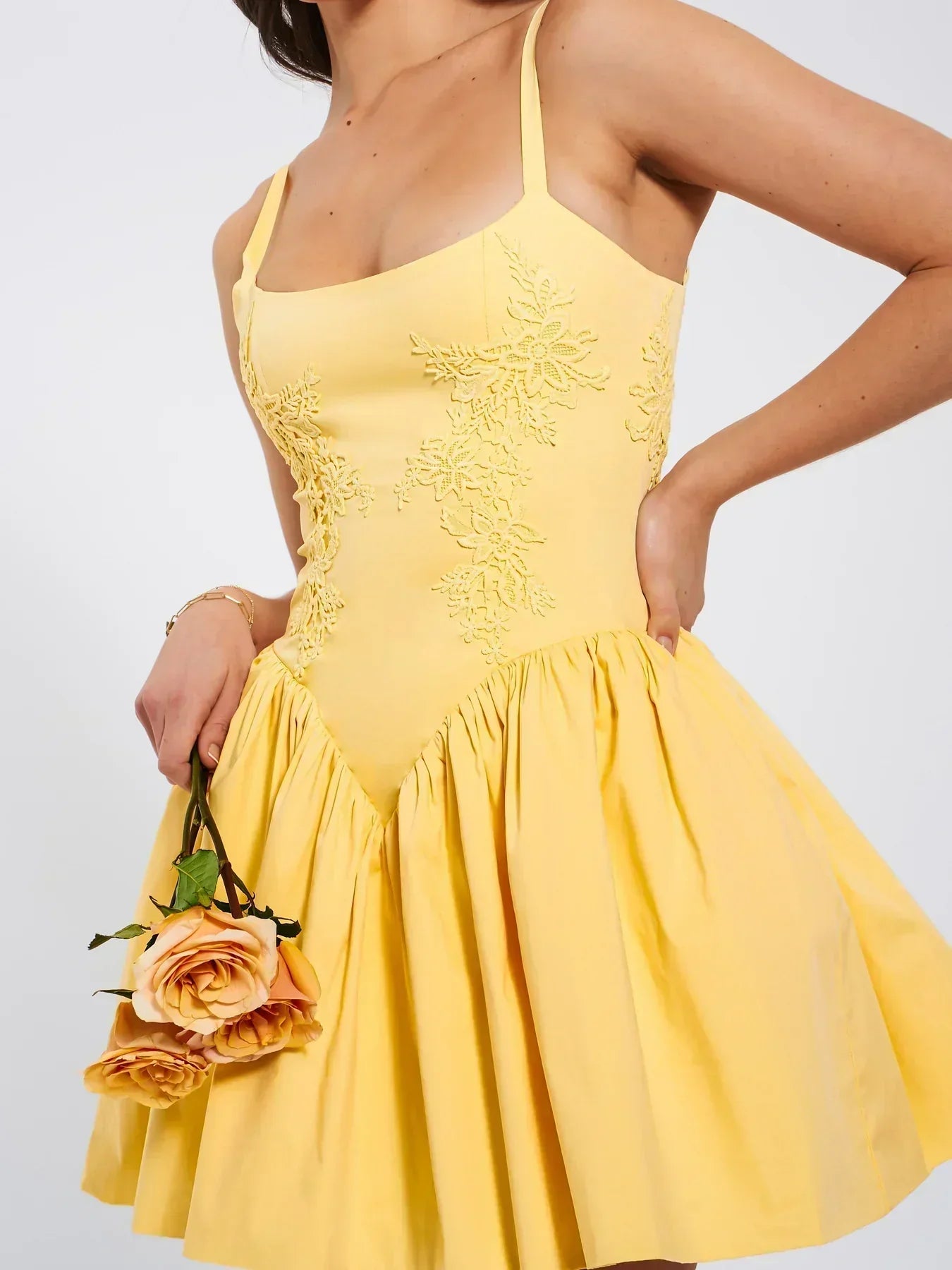 Square Neck Floral Embroidered Spaghetti Strap Fit-and-Flare Mini Dress