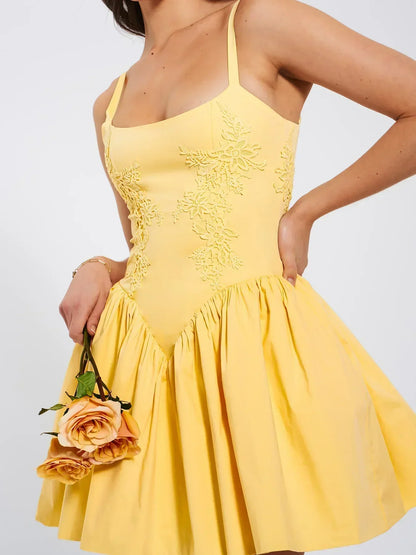 Square Neck Floral Embroidered Spaghetti Strap Fit-and-Flare Mini Dress