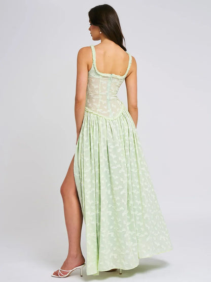 Sweetheart Ruffle Trim Corset Pleated High Slit Abstract Print Maxi Dress