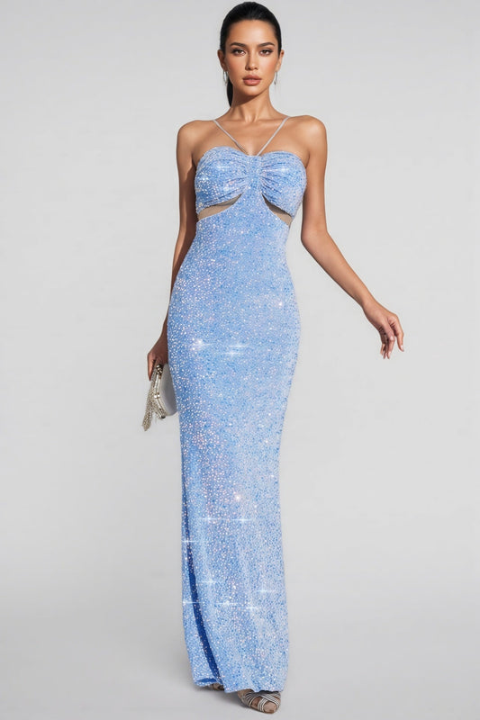 Verze Blue Sequins Halter Maxi Dress