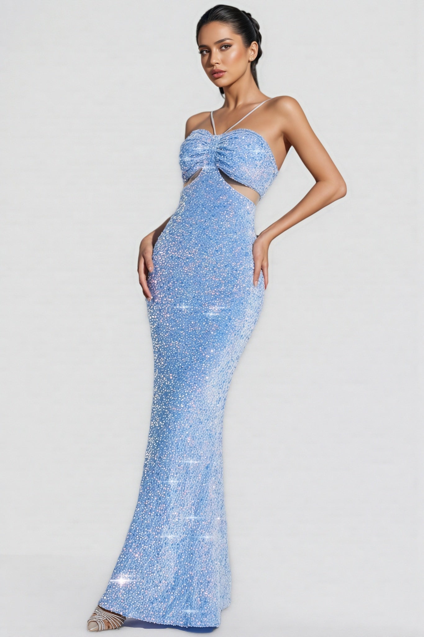 Verze Blue Sequins Halter Maxi Dress
