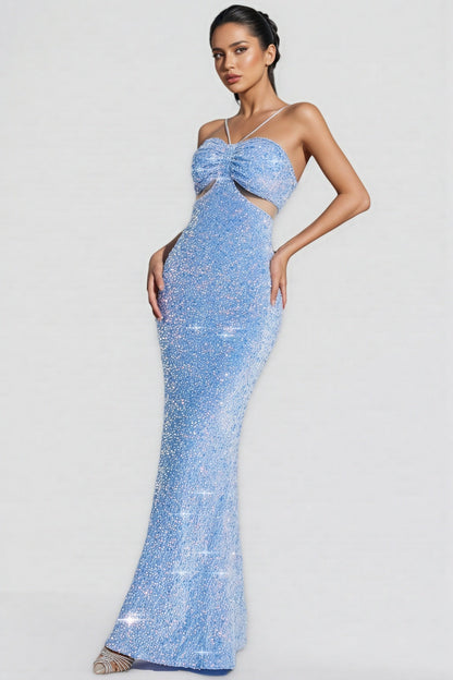 Verze Blue Sequins Halter Maxi Dress