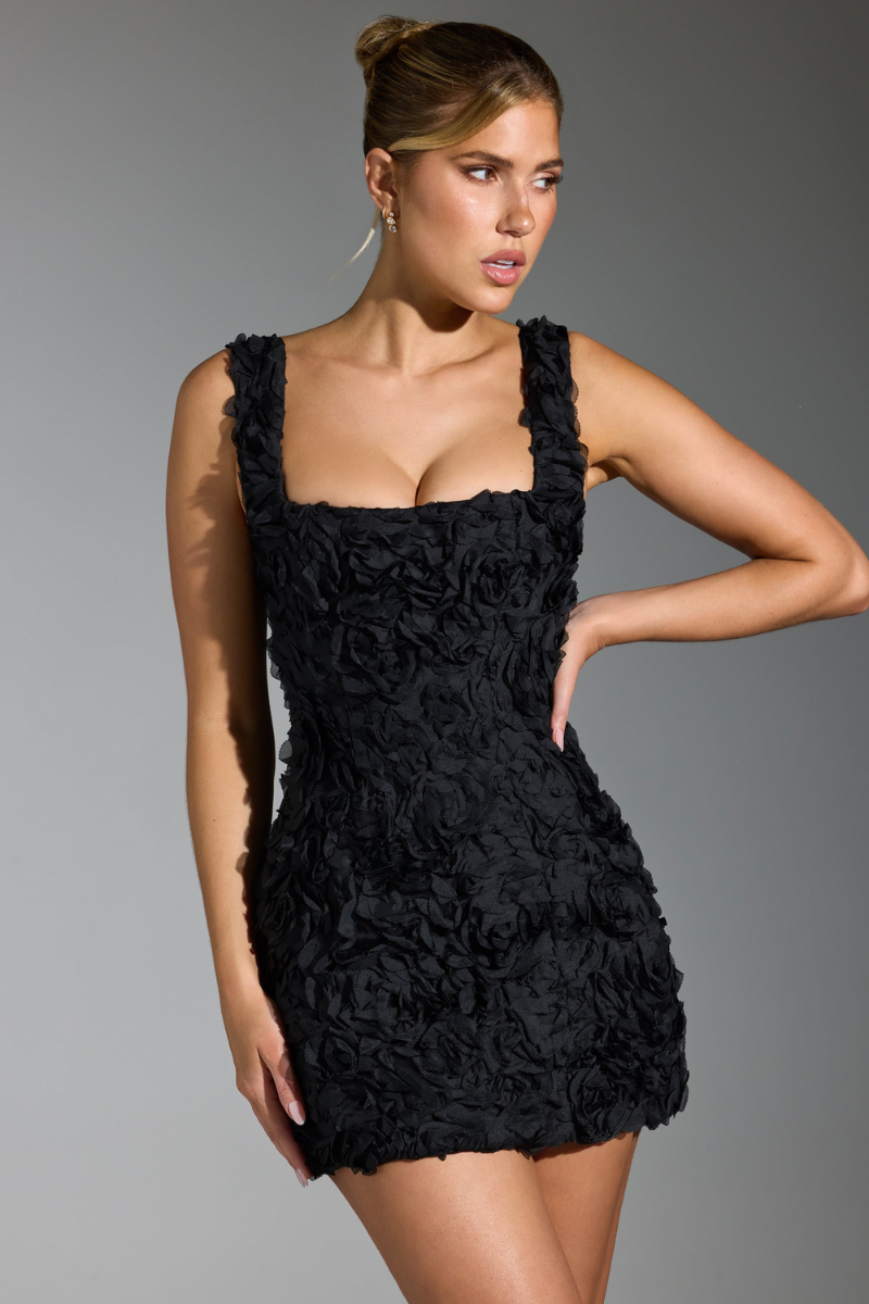 Square Neck 3D Rosette Applique Bodycon Mini Dress