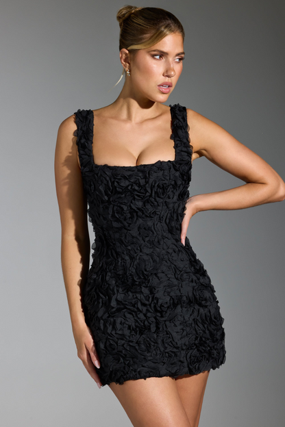 Floral Rosette Applique Square Neck Wide Strap Bodycon Mini Dress