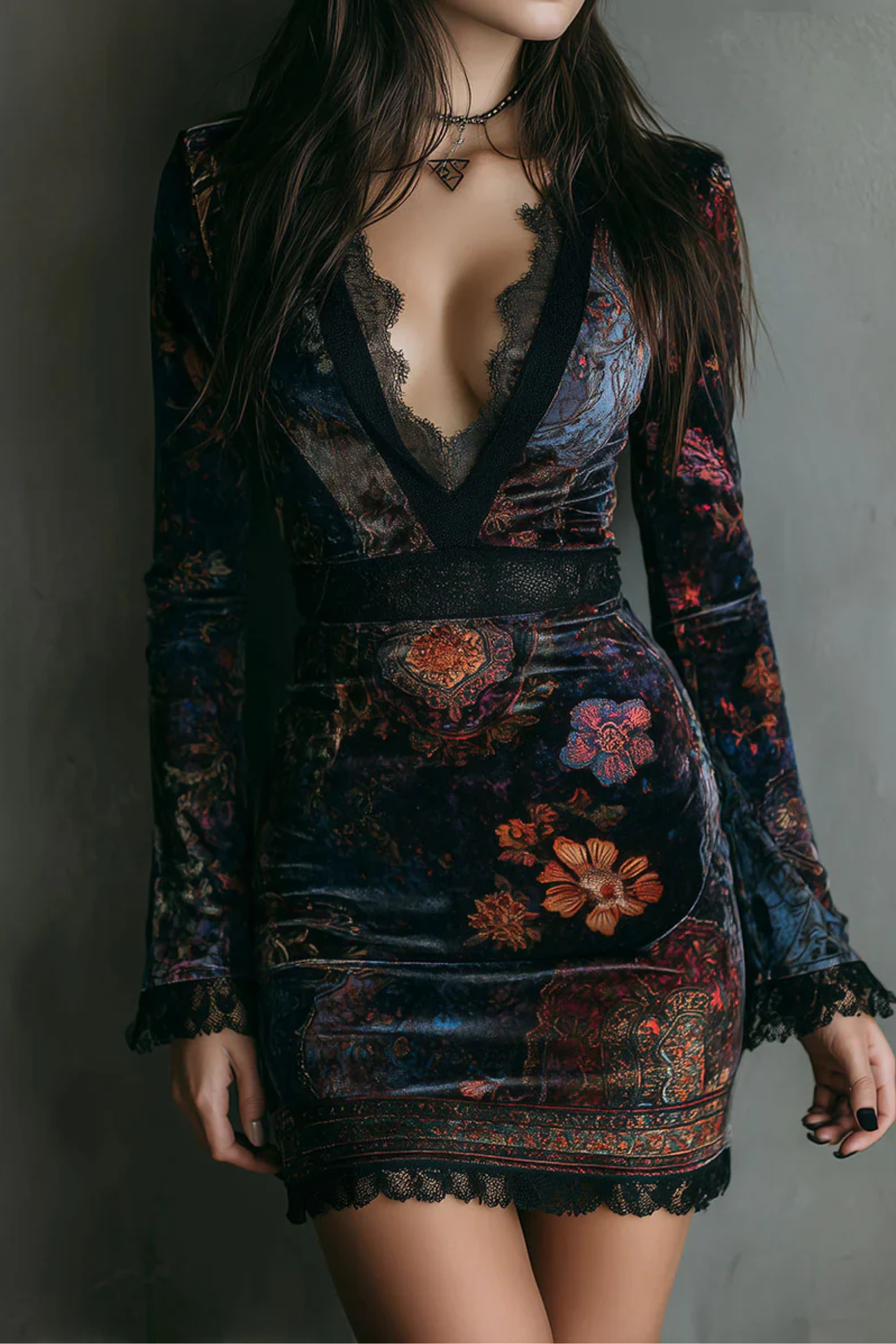 Floral Print V-Neck Velvet Lace Slim-Fit Mini Dress
