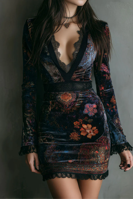 Floral Print V-Neck Velvet Lace Slim-Fit Mini Dress