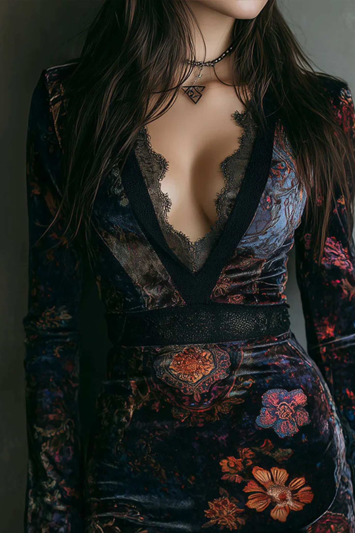 Floral Print V-Neck Velvet Lace Slim-Fit Mini Dress