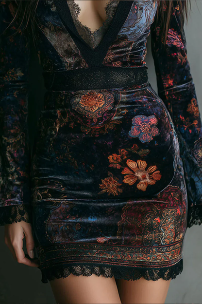 Floral Print V-Neck Velvet Lace Slim-Fit Mini Dress