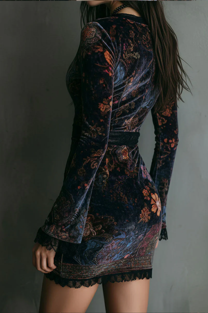Floral Print V-Neck Velvet Lace Slim-Fit Mini Dress