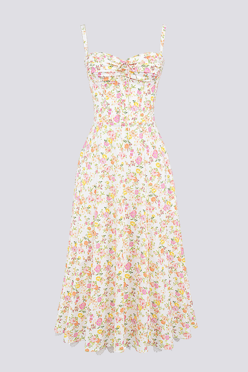 Ditsy Floral Bustier Sweetheart Tie Front Lace Trim Flared Midi Dress