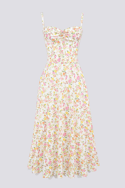 Ditsy Floral Bustier Sweetheart Tie Front Lace Trim Flared Midi Dress