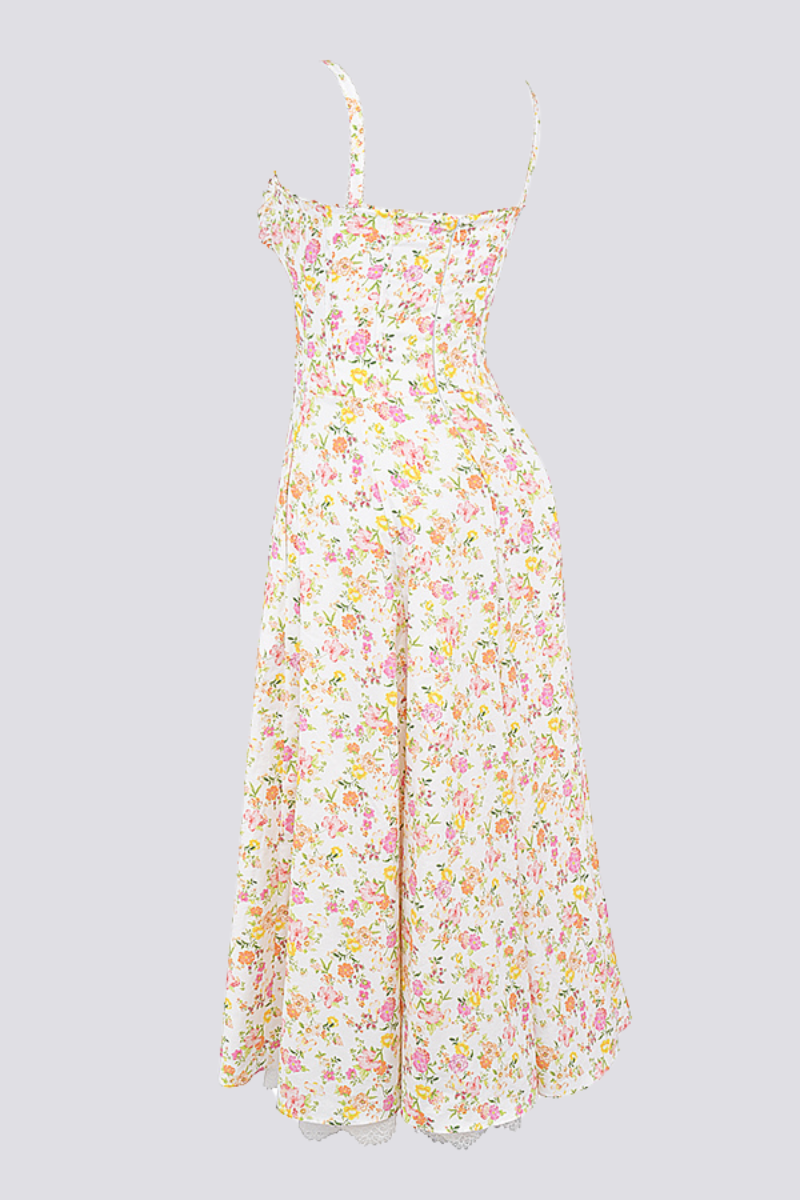 Ditsy Floral Bustier Sweetheart Tie Front Lace Trim Flared Midi Dress