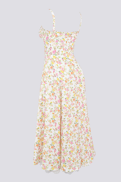 Ditsy Floral Sweetheart Corset Tie-Front Lace Trim Midi Dress