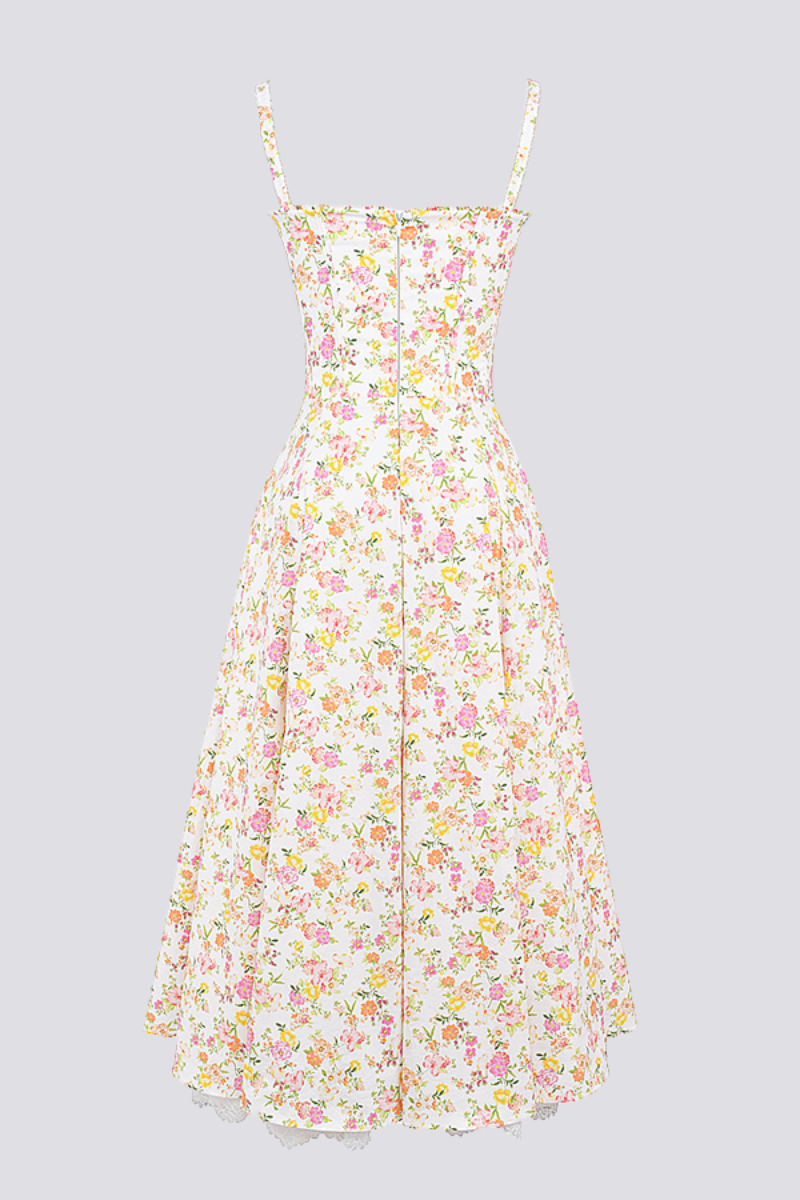 Ditsy Floral Bustier Sweetheart Tie Front Lace Trim Flared Midi Dress