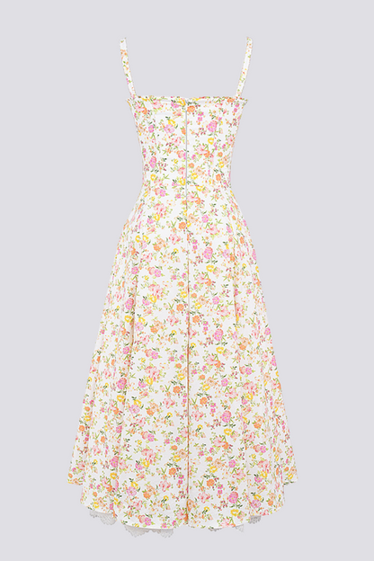 Ditsy Floral Bustier Sweetheart Tie Front Lace Trim Flared Midi Dress