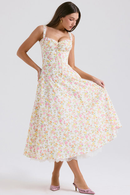 Ditsy Floral Bustier Sweetheart Tie Front Lace Trim Flared Midi Dress