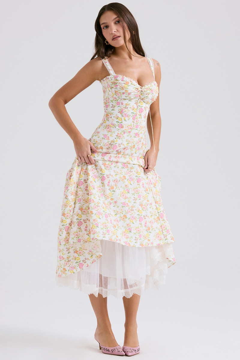 Ditsy Floral Bustier Sweetheart Tie Front Lace Trim Flared Midi Dress