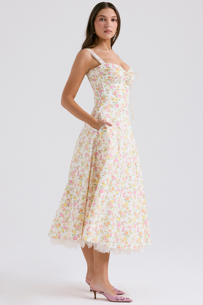 Ditsy Floral Bustier Sweetheart Tie Front Lace Trim Flared Midi Dress