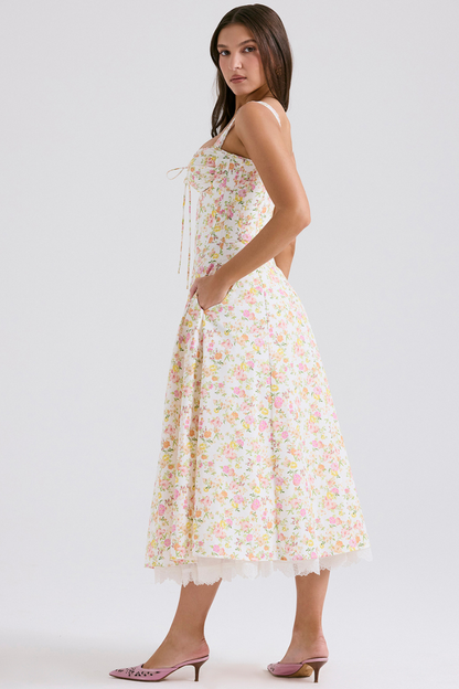 Ditsy Floral Bustier Sweetheart Tie Front Lace Trim Flared Midi Dress