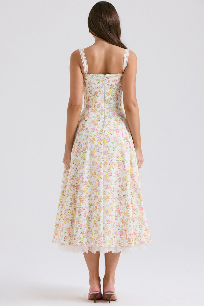 Ditsy Floral Bustier Sweetheart Tie Front Lace Trim Flared Midi Dress
