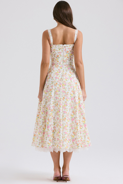 Ditsy Floral Bustier Sweetheart Tie Front Lace Trim Flared Midi Dress