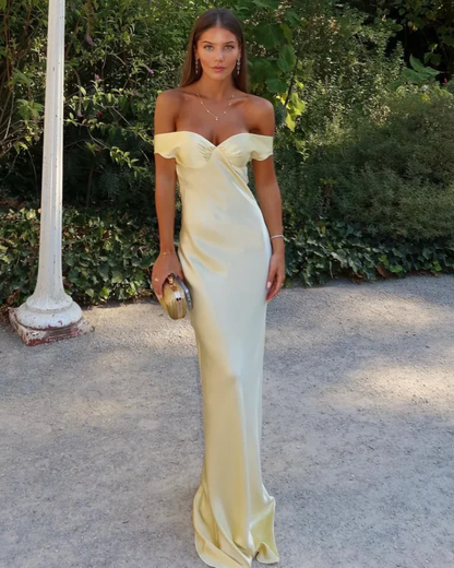 | Off-shoulder satin evening gown