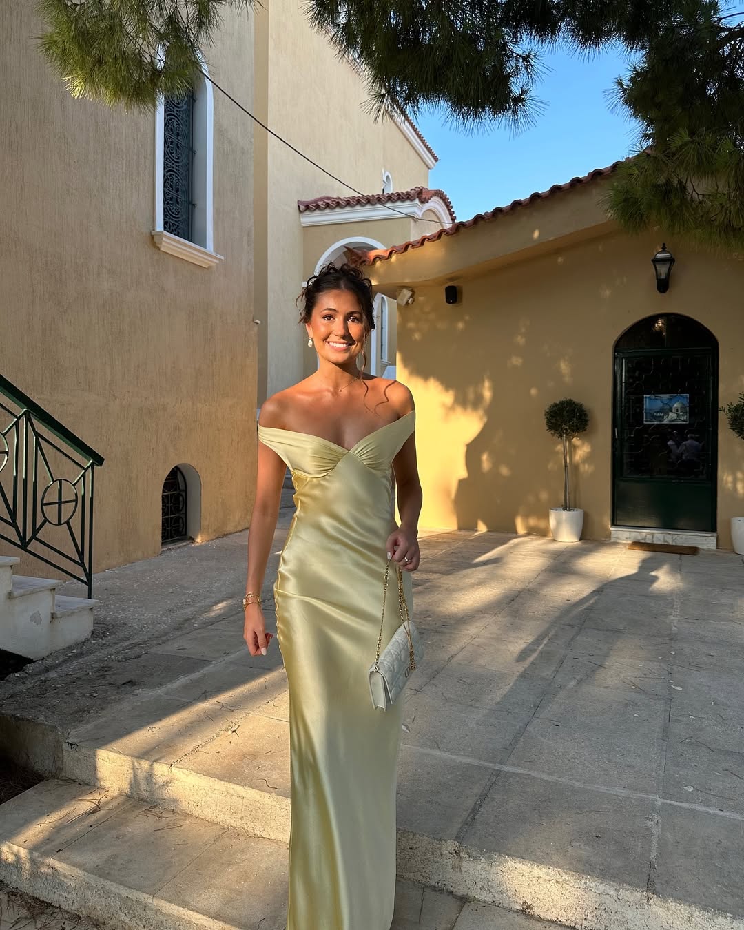 | Off-shoulder satin evening gown