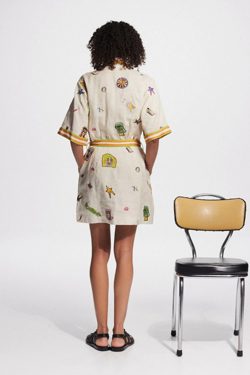 Collared Embroidered Patch Tie-Waist Short Sleeve Mini Romper