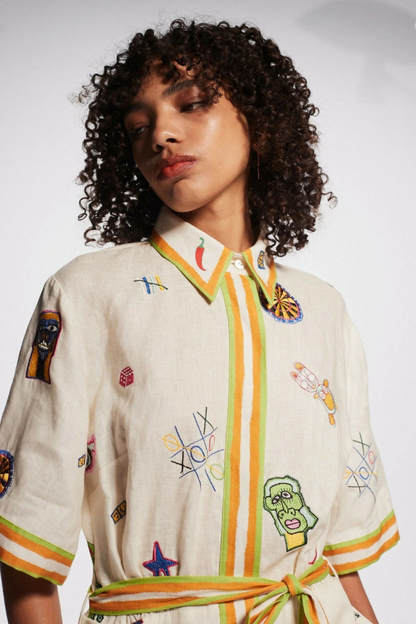 Embroidered Patch Collar Tie Waist Button Front Short Sleeve Romper
