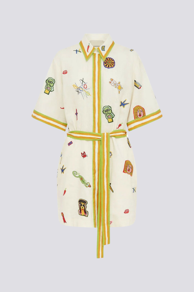 Collared Embroidered Patch Tie-Waist Short Sleeve Mini Romper