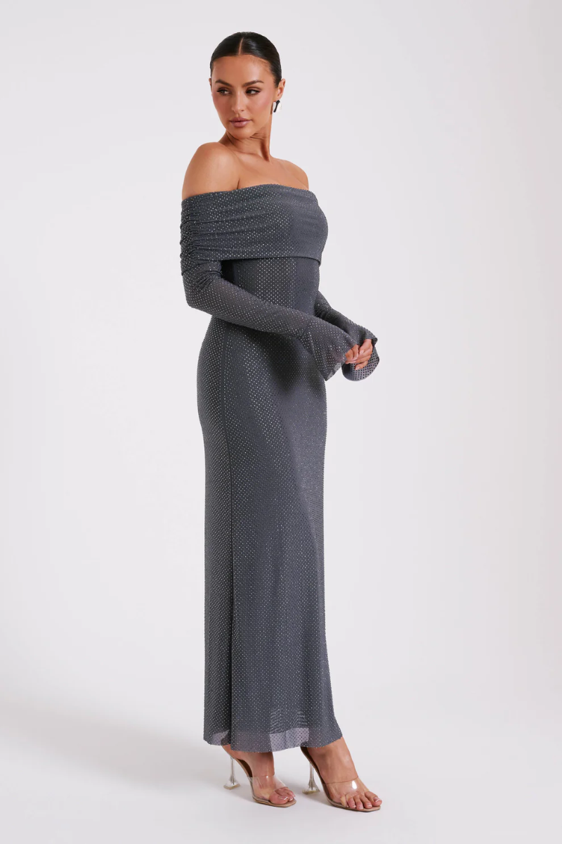 | Off Shoulder Shimmer Knit Evening Dress