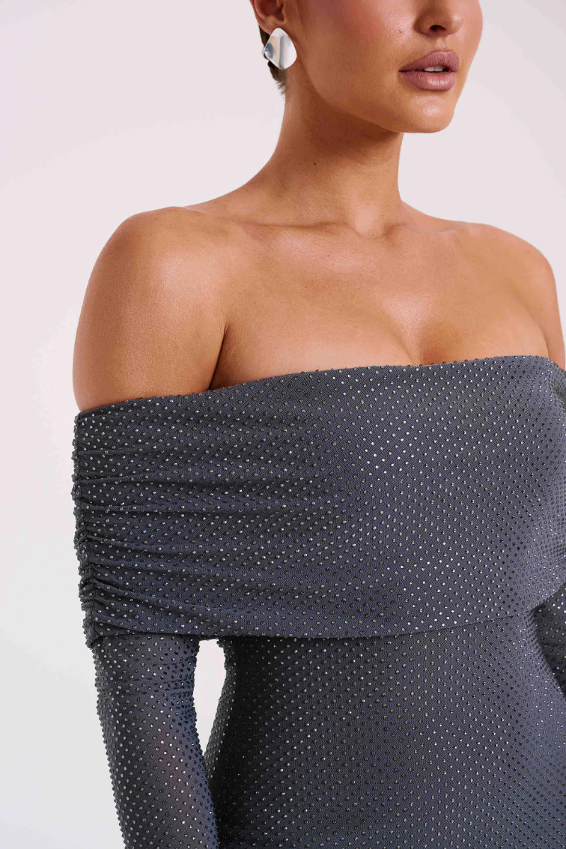 | Off Shoulder Shimmer Knit Evening Dress