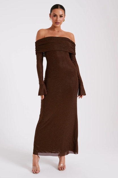 | Off Shoulder Shimmer Knit Evening Dress