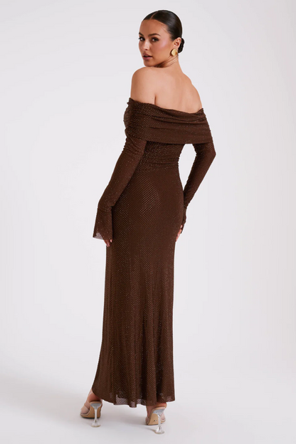 | Off Shoulder Shimmer Knit Evening Dress