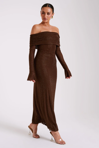 | Off Shoulder Shimmer Knit Evening Dress