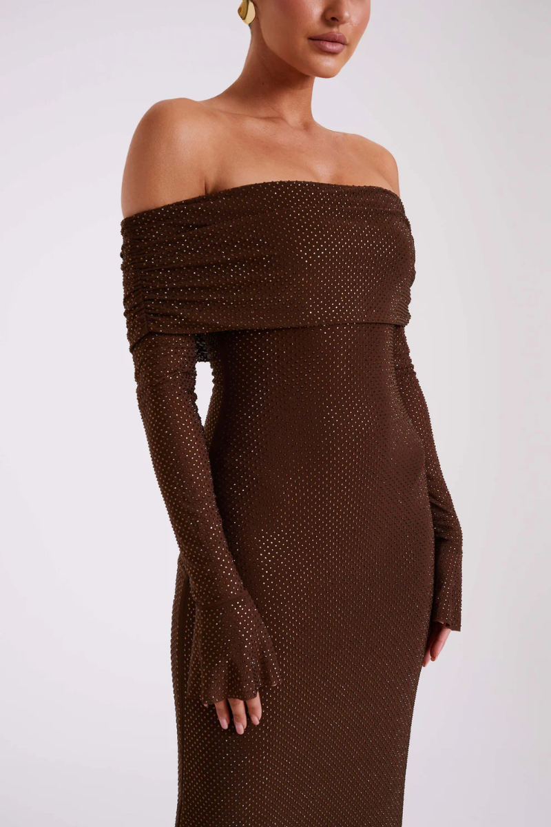 | Off Shoulder Shimmer Knit Evening Dress